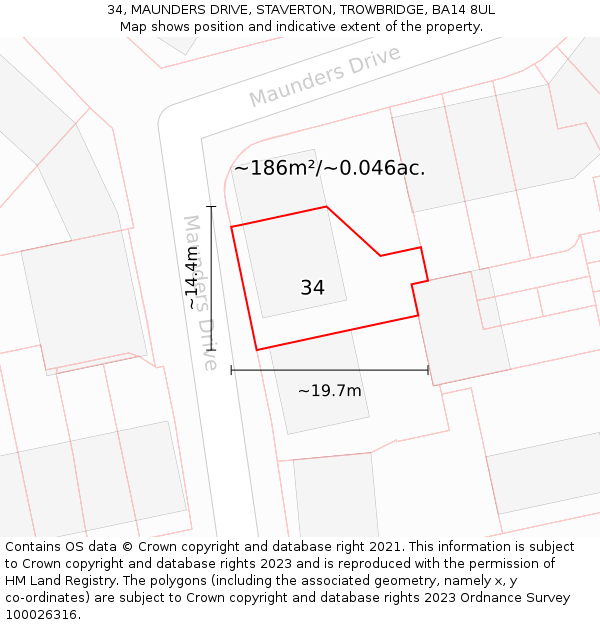34, MAUNDERS DRIVE, STAVERTON, TROWBRIDGE, BA14 8UL: Plot and title map