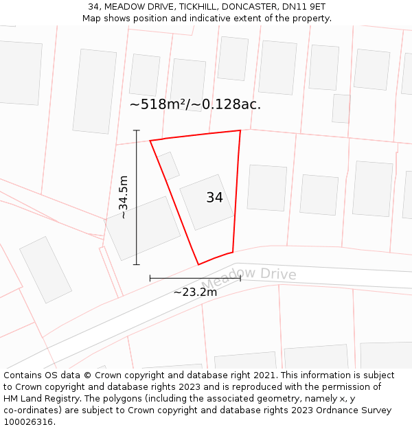 34, MEADOW DRIVE, TICKHILL, DONCASTER, DN11 9ET: Plot and title map