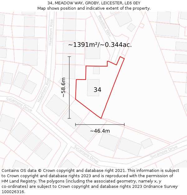 34, MEADOW WAY, GROBY, LEICESTER, LE6 0EY: Plot and title map