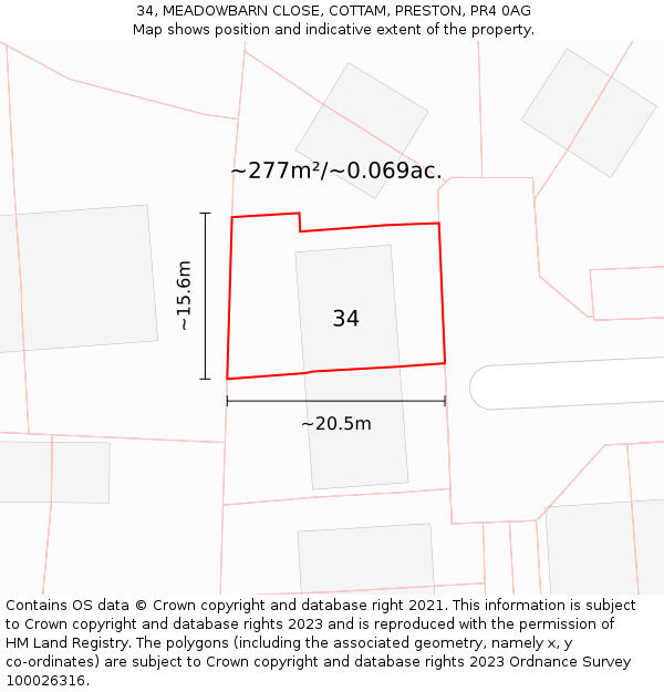 34, MEADOWBARN CLOSE, COTTAM, PRESTON, PR4 0AG: Plot and title map