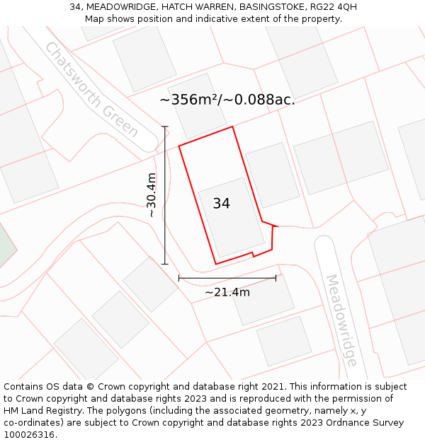 34, MEADOWRIDGE, HATCH WARREN, BASINGSTOKE, RG22 4QH: Plot and title map