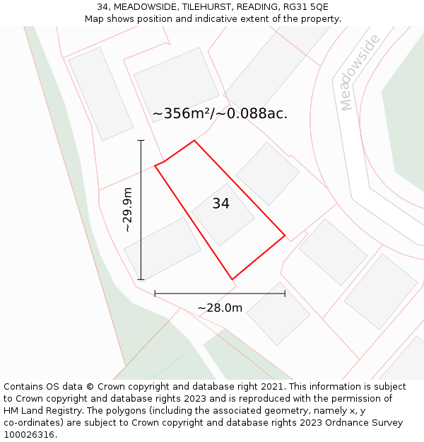 34, MEADOWSIDE, TILEHURST, READING, RG31 5QE: Plot and title map