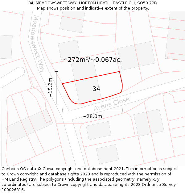 34, MEADOWSWEET WAY, HORTON HEATH, EASTLEIGH, SO50 7PD: Plot and title map