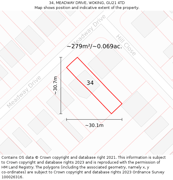 34, MEADWAY DRIVE, WOKING, GU21 4TD: Plot and title map
