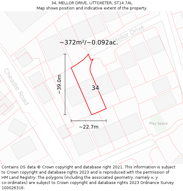 34, MELLOR DRIVE, UTTOXETER, ST14 7AL: Plot and title map