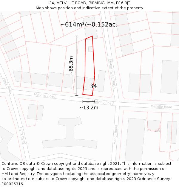 34, MELVILLE ROAD, BIRMINGHAM, B16 9JT: Plot and title map