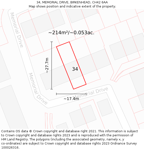 34, MEMORIAL DRIVE, BIRKENHEAD, CH42 6AA: Plot and title map