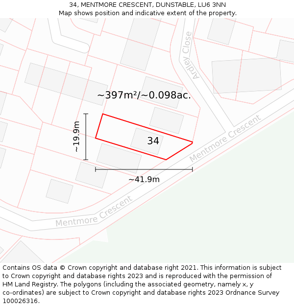 34, MENTMORE CRESCENT, DUNSTABLE, LU6 3NN: Plot and title map