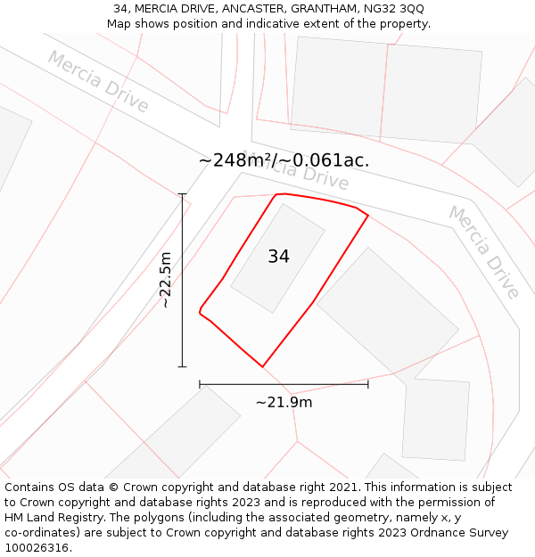 34, MERCIA DRIVE, ANCASTER, GRANTHAM, NG32 3QQ: Plot and title map