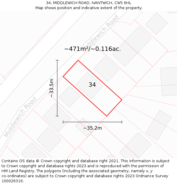 34, MIDDLEWICH ROAD, NANTWICH, CW5 6HL: Plot and title map