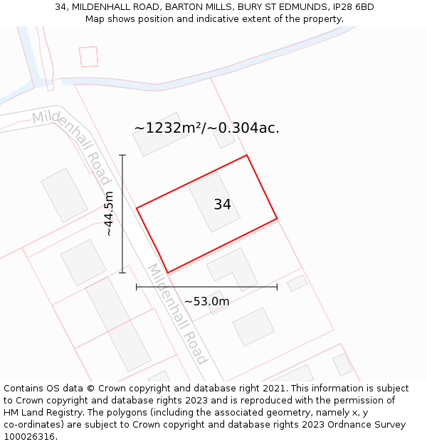 34, MILDENHALL ROAD, BARTON MILLS, BURY ST EDMUNDS, IP28 6BD: Plot and title map