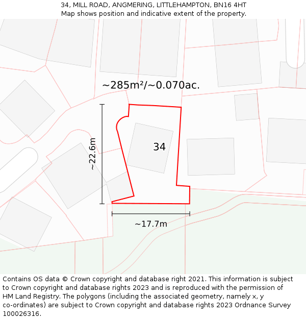 34, MILL ROAD, ANGMERING, LITTLEHAMPTON, BN16 4HT: Plot and title map
