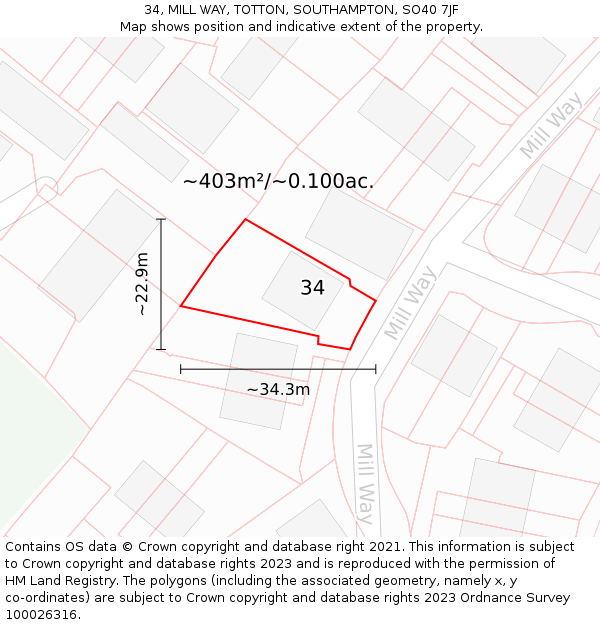 34, MILL WAY, TOTTON, SOUTHAMPTON, SO40 7JF: Plot and title map