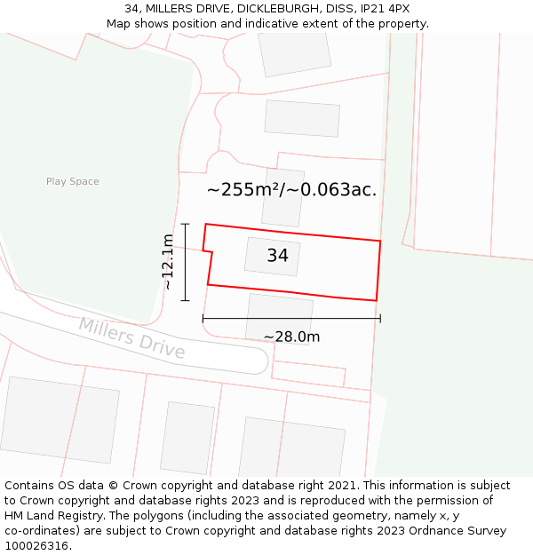 34, MILLERS DRIVE, DICKLEBURGH, DISS, IP21 4PX: Plot and title map
