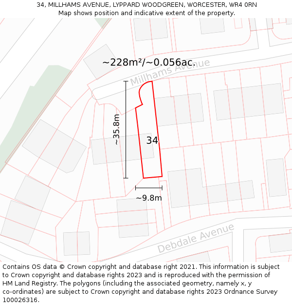 34, MILLHAMS AVENUE, LYPPARD WOODGREEN, WORCESTER, WR4 0RN: Plot and title map