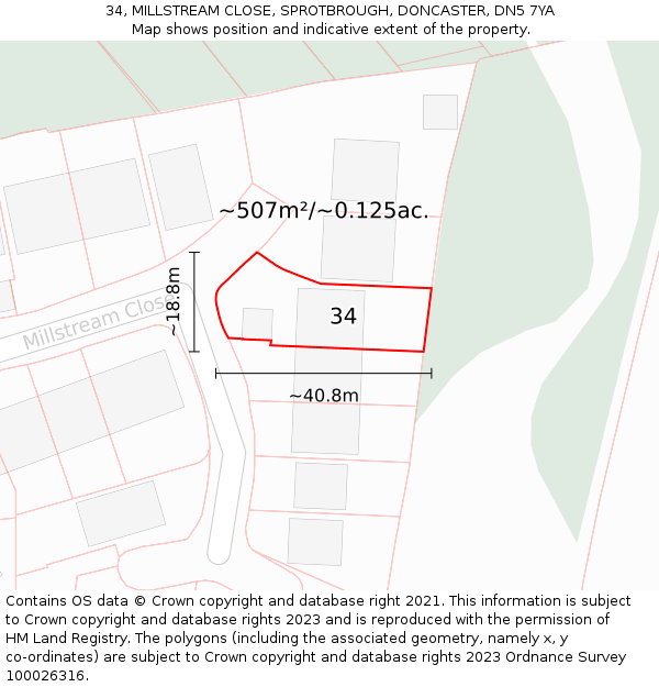 34, MILLSTREAM CLOSE, SPROTBROUGH, DONCASTER, DN5 7YA: Plot and title map