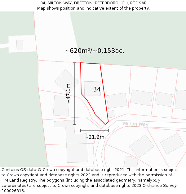 34, MILTON WAY, BRETTON, PETERBOROUGH, PE3 9AP: Plot and title map