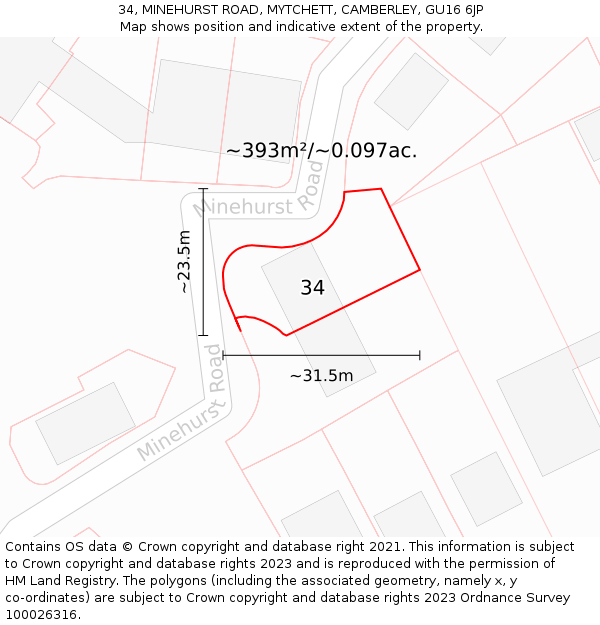 34, MINEHURST ROAD, MYTCHETT, CAMBERLEY, GU16 6JP: Plot and title map