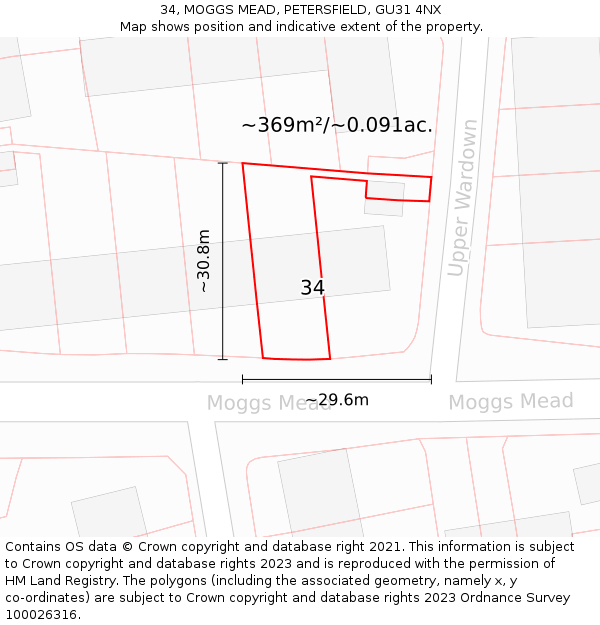 34, MOGGS MEAD, PETERSFIELD, GU31 4NX: Plot and title map