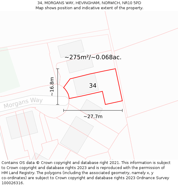 34, MORGANS WAY, HEVINGHAM, NORWICH, NR10 5PD: Plot and title map