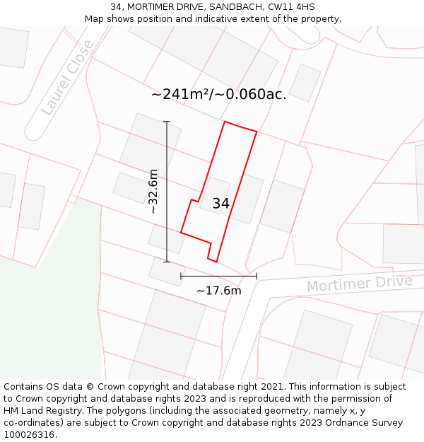 34, MORTIMER DRIVE, SANDBACH, CW11 4HS: Plot and title map