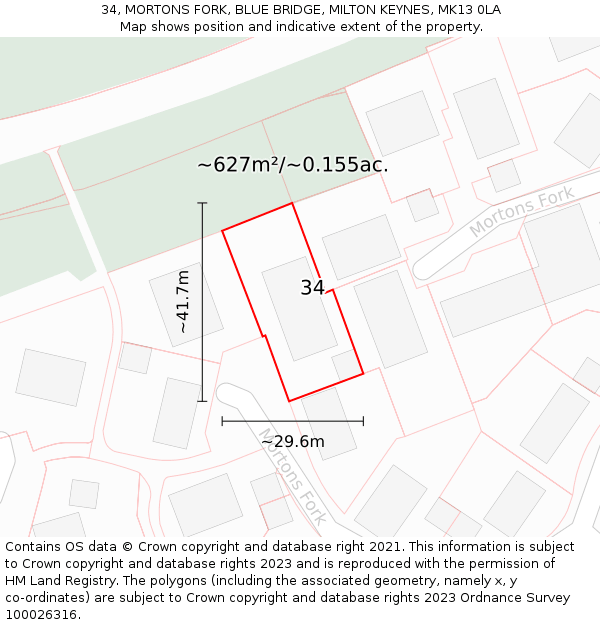 34, MORTONS FORK, BLUE BRIDGE, MILTON KEYNES, MK13 0LA: Plot and title map