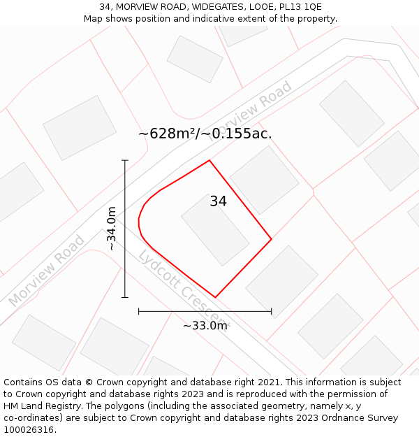34, MORVIEW ROAD, WIDEGATES, LOOE, PL13 1QE: Plot and title map