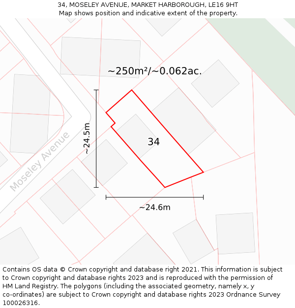 34, MOSELEY AVENUE, MARKET HARBOROUGH, LE16 9HT: Plot and title map
