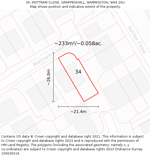 34, MOTTRAM CLOSE, GRAPPENHALL, WARRINGTON, WA4 2XU: Plot and title map