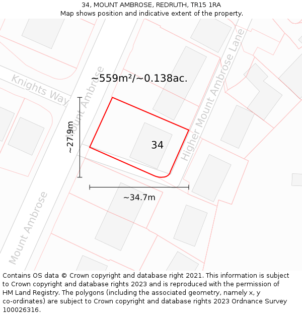 34, MOUNT AMBROSE, REDRUTH, TR15 1RA: Plot and title map