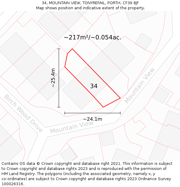 34, MOUNTAIN VIEW, TONYREFAIL, PORTH, CF39 8JF: Plot and title map