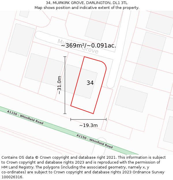 34, MUIRKIRK GROVE, DARLINGTON, DL1 3TL: Plot and title map