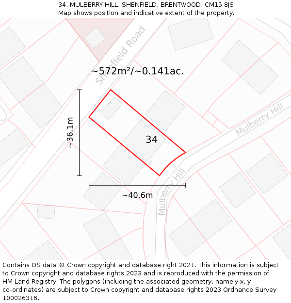 34, MULBERRY HILL, SHENFIELD, BRENTWOOD, CM15 8JS: Plot and title map