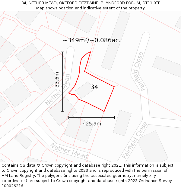 34, NETHER MEAD, OKEFORD FITZPAINE, BLANDFORD FORUM, DT11 0TP: Plot and title map