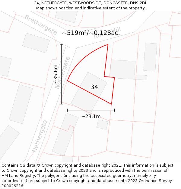 34, NETHERGATE, WESTWOODSIDE, DONCASTER, DN9 2DL: Plot and title map