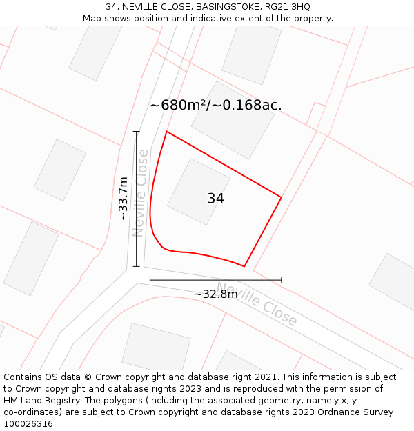34, NEVILLE CLOSE, BASINGSTOKE, RG21 3HQ: Plot and title map