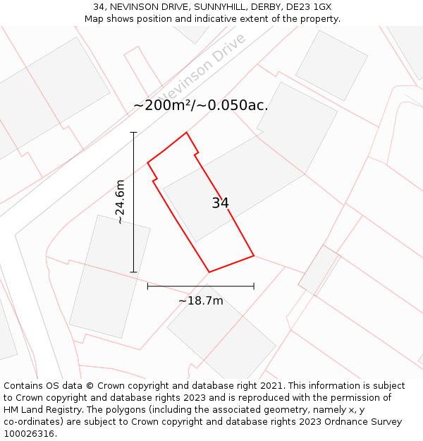34, NEVINSON DRIVE, SUNNYHILL, DERBY, DE23 1GX: Plot and title map