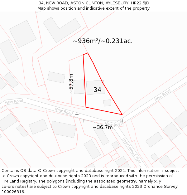 34, NEW ROAD, ASTON CLINTON, AYLESBURY, HP22 5JD: Plot and title map