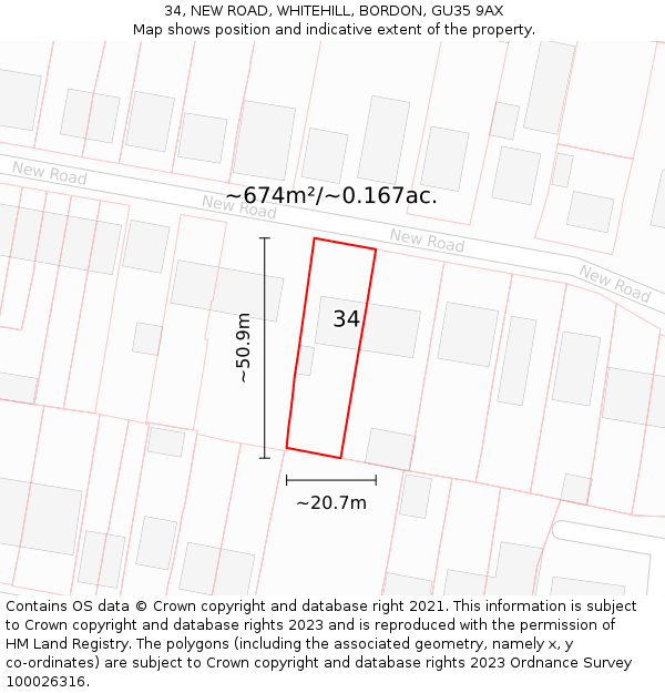 34, NEW ROAD, WHITEHILL, BORDON, GU35 9AX: Plot and title map