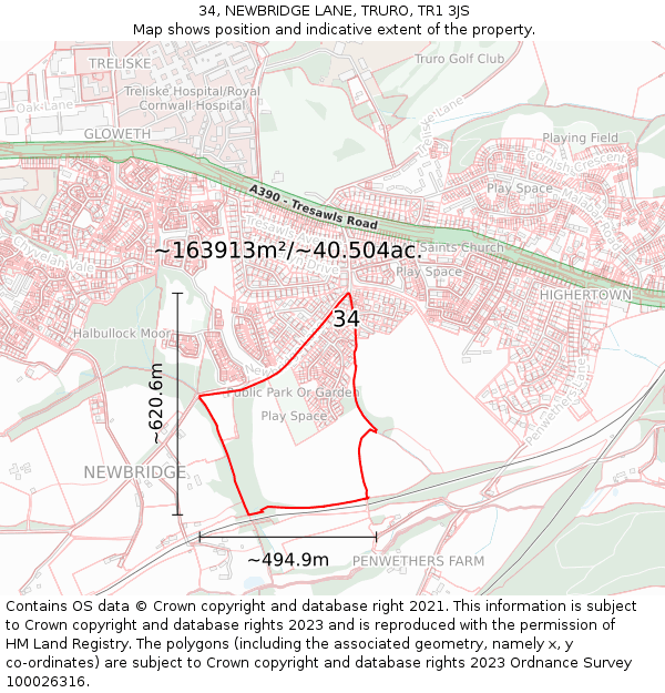 34, NEWBRIDGE LANE, TRURO, TR1 3JS: Plot and title map