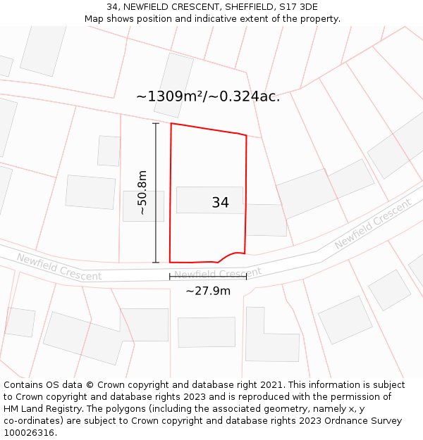 34, NEWFIELD CRESCENT, SHEFFIELD, S17 3DE: Plot and title map