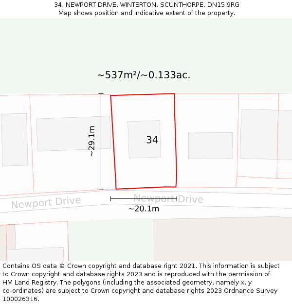 34, NEWPORT DRIVE, WINTERTON, SCUNTHORPE, DN15 9RG: Plot and title map