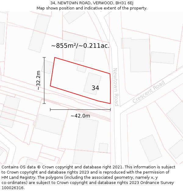 34, NEWTOWN ROAD, VERWOOD, BH31 6EJ: Plot and title map