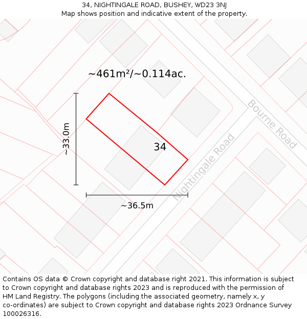 34, NIGHTINGALE ROAD, BUSHEY, WD23 3NJ: Plot and title map