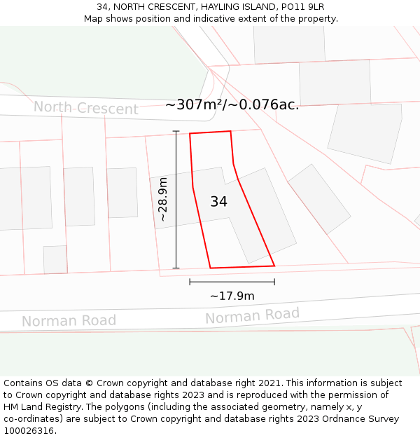 34, NORTH CRESCENT, HAYLING ISLAND, PO11 9LR: Plot and title map