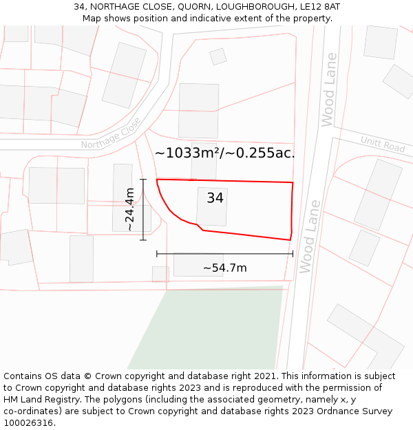 34, NORTHAGE CLOSE, QUORN, LOUGHBOROUGH, LE12 8AT: Plot and title map