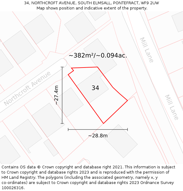 34, NORTHCROFT AVENUE, SOUTH ELMSALL, PONTEFRACT, WF9 2UW: Plot and title map