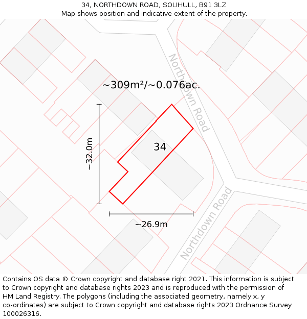 34, NORTHDOWN ROAD, SOLIHULL, B91 3LZ: Plot and title map