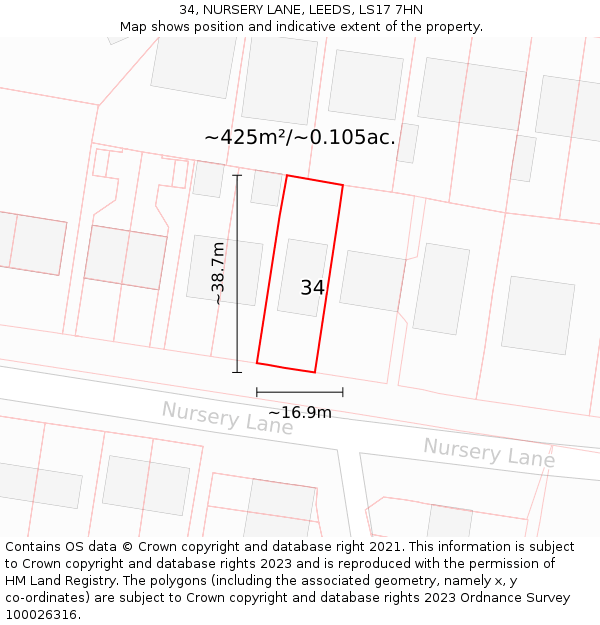 34, NURSERY LANE, LEEDS, LS17 7HN: Plot and title map