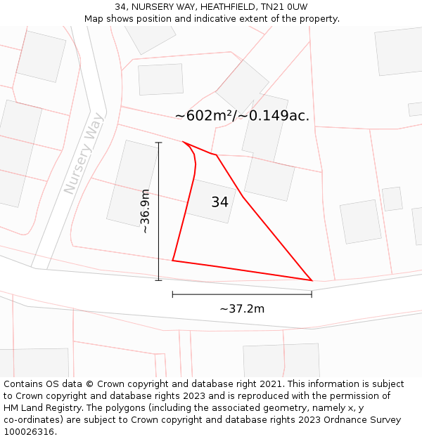 34, NURSERY WAY, HEATHFIELD, TN21 0UW: Plot and title map